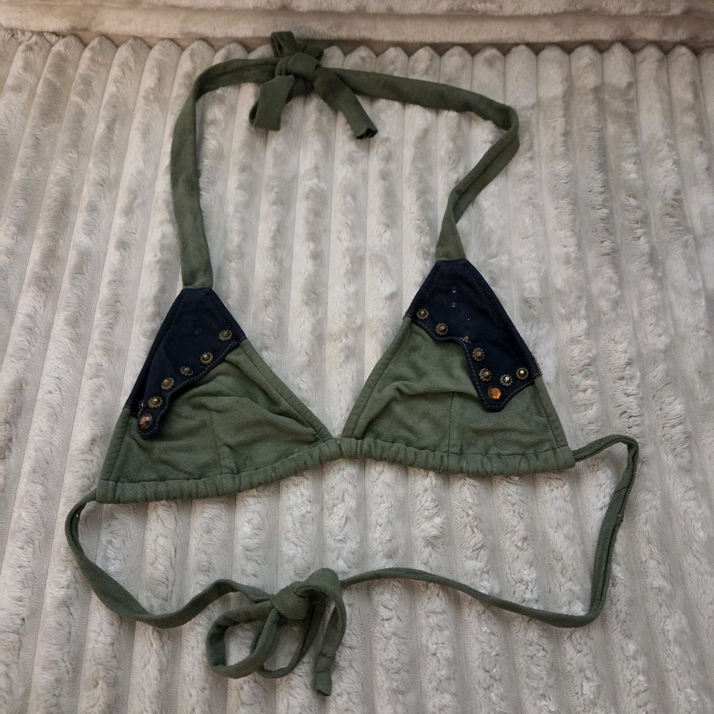 J Valentine Olive Green Navy Studded Triangle Bikini Top Swim Size Small